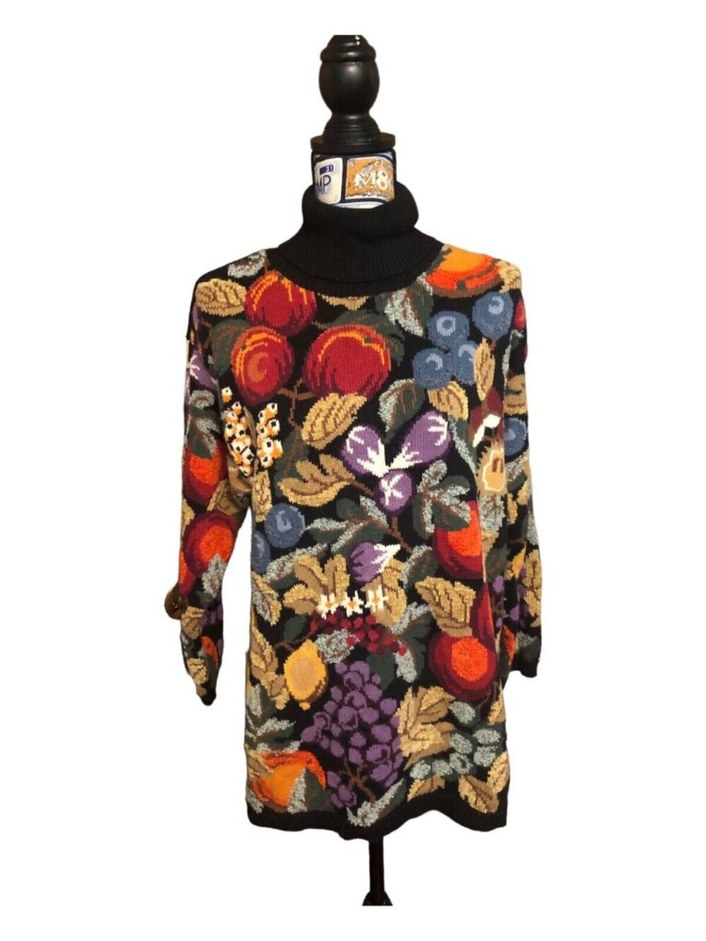 VTG Marisa Christina Tuscan Multi Fruit Link & Stitch Turtleneck Sweater Sz L